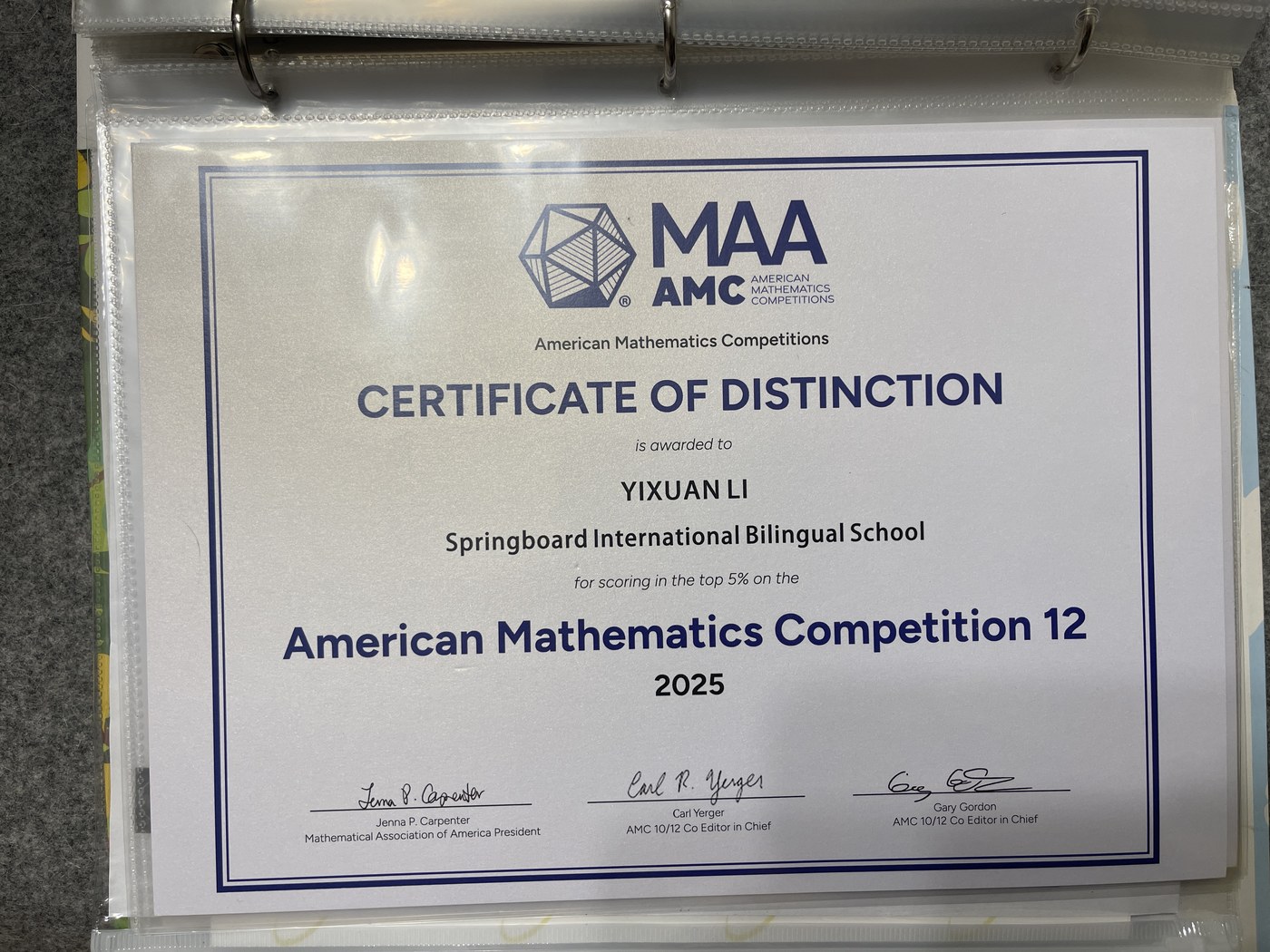 American Mathematics Competition 12 certificate